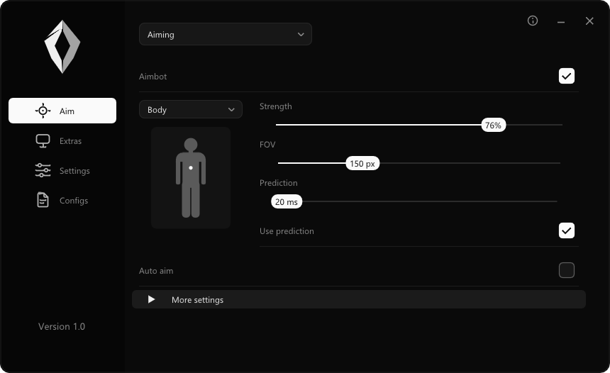 Obsidian aiming menu with target point, strength, field of view and prediction controls